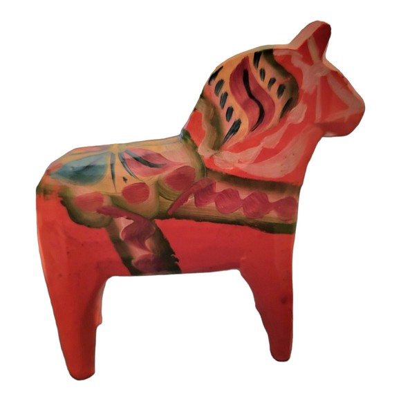 Vintage Orange Dala Miniature Horse Swedish Folk Art Hand Painted Dollhouse - Picture 7 of 9